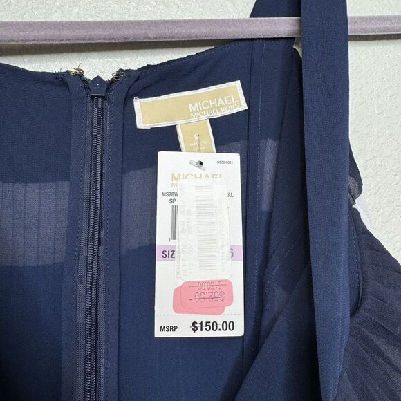 New Michael Kors Striped Tiered Pleated Chiffon Midi Dress Square Neck Size 6 - Picture 3 of 4